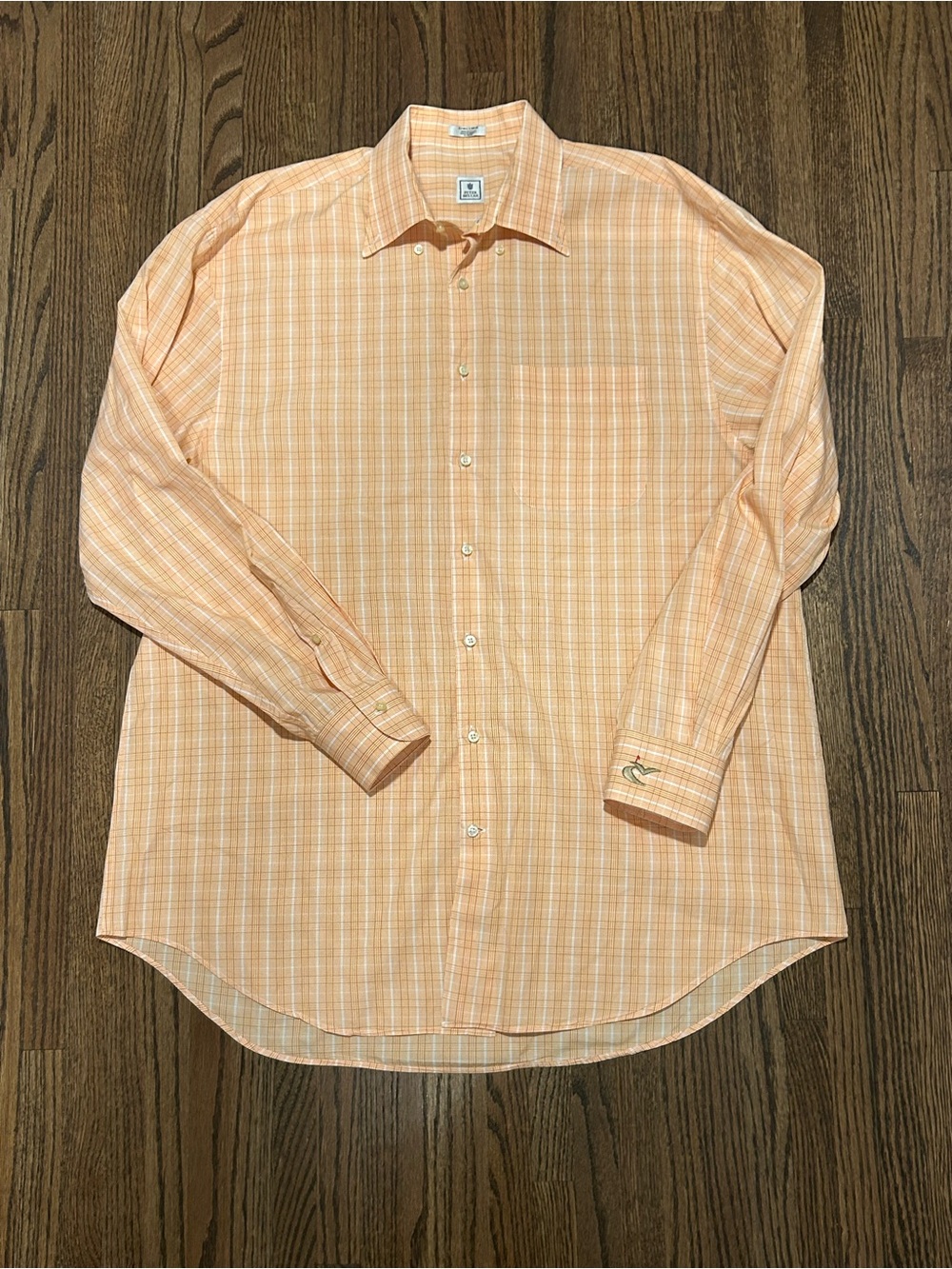Peter Millar Peach Plaid Button Down Shirt XL Embroidered Cuff